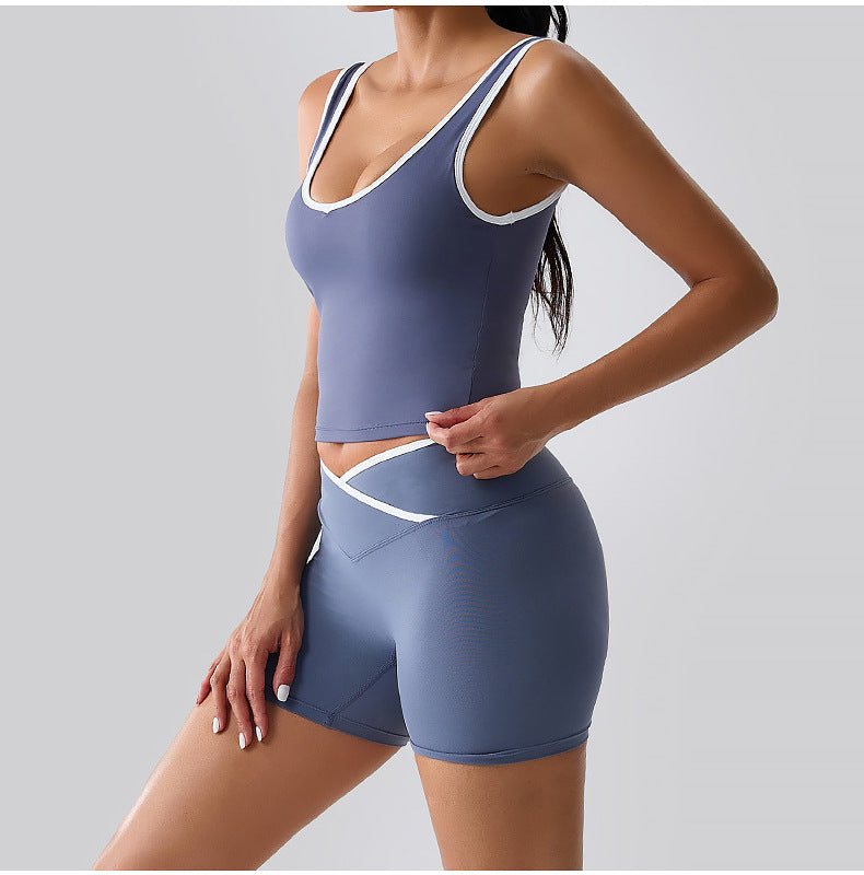Ensemble deux pièces décontracté pour femme, débardeur contrasté et short taille haute - Yoga dos nu