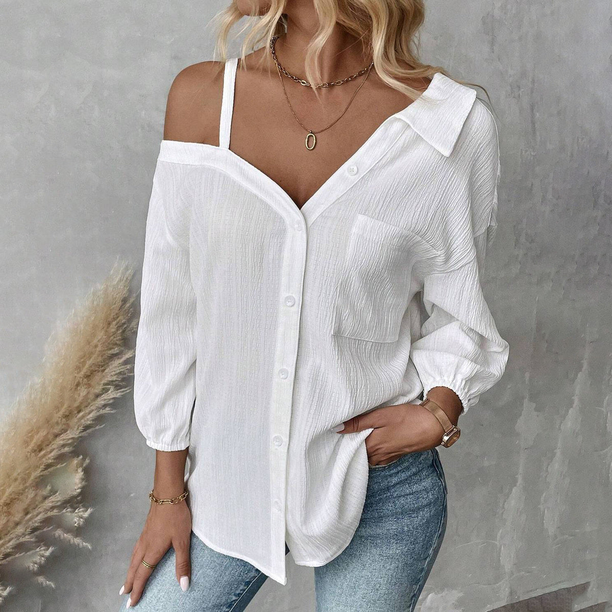 Women Fashion Sexy Solid Color Lapel Blouse