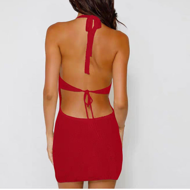 Women Fashion Sexy Solid Color Knitted Hollow-Out V-Neck Dress