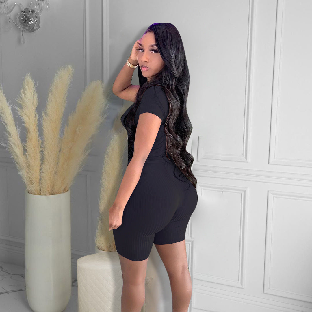 Women Fashion Sexy Solid Color Deep V Neck Short Sleeve Jumpsuit