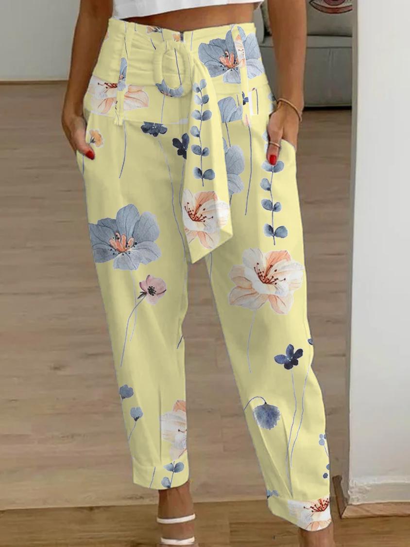 Pantalones casuales de lino con estampado floral de color liso de verano para mujer