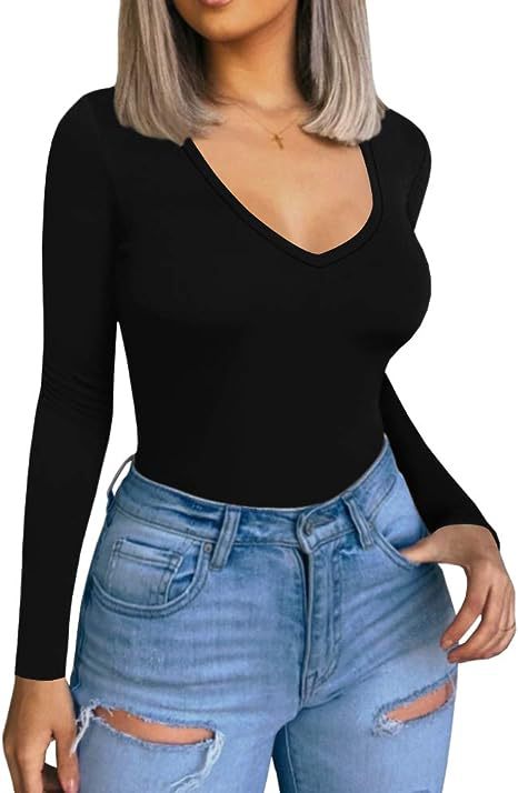 Women Casual Long-Sleeve V-Neck Polyester T-Shirt