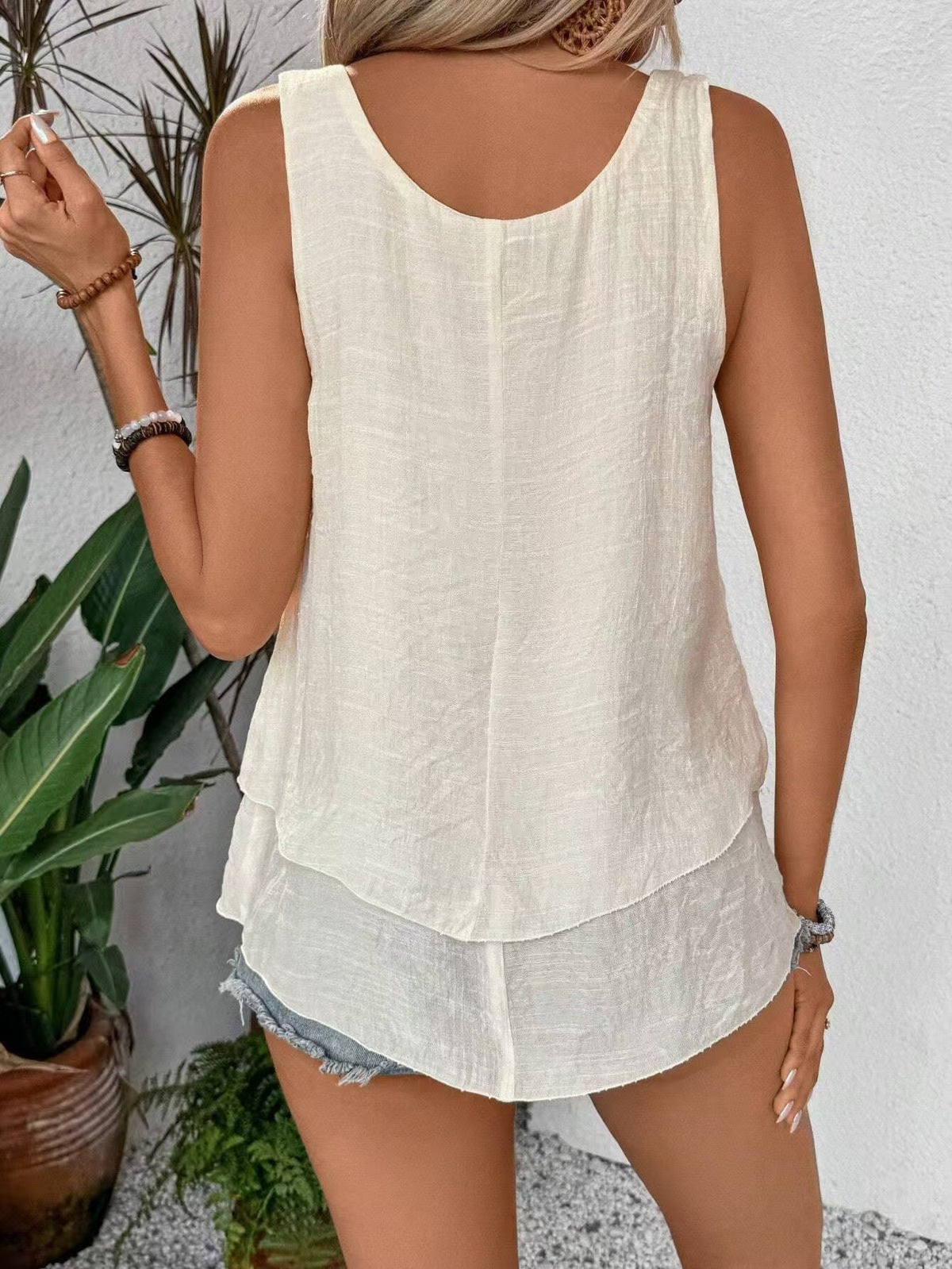 Camiseta sin mangas informal de doble capa para mujer, color liso, sin mangas, a la moda