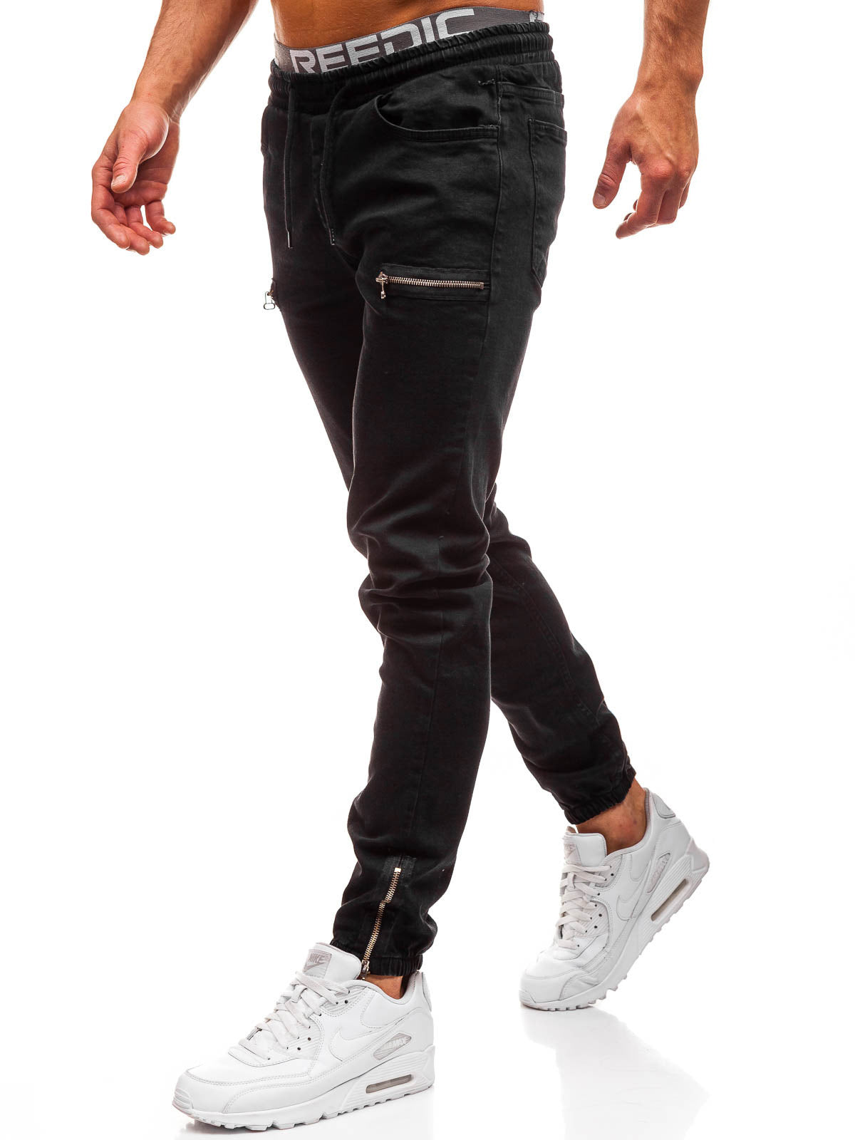 Pantalones casuales de mezclilla esmerilada con cremallera y cordón para hombre