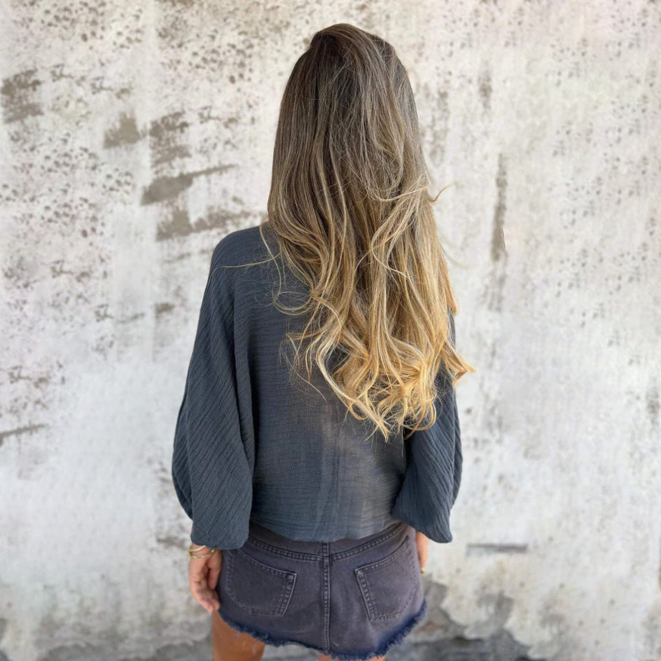 Blusa informal de algodón y lino con cuello en V y manga larga para mujer