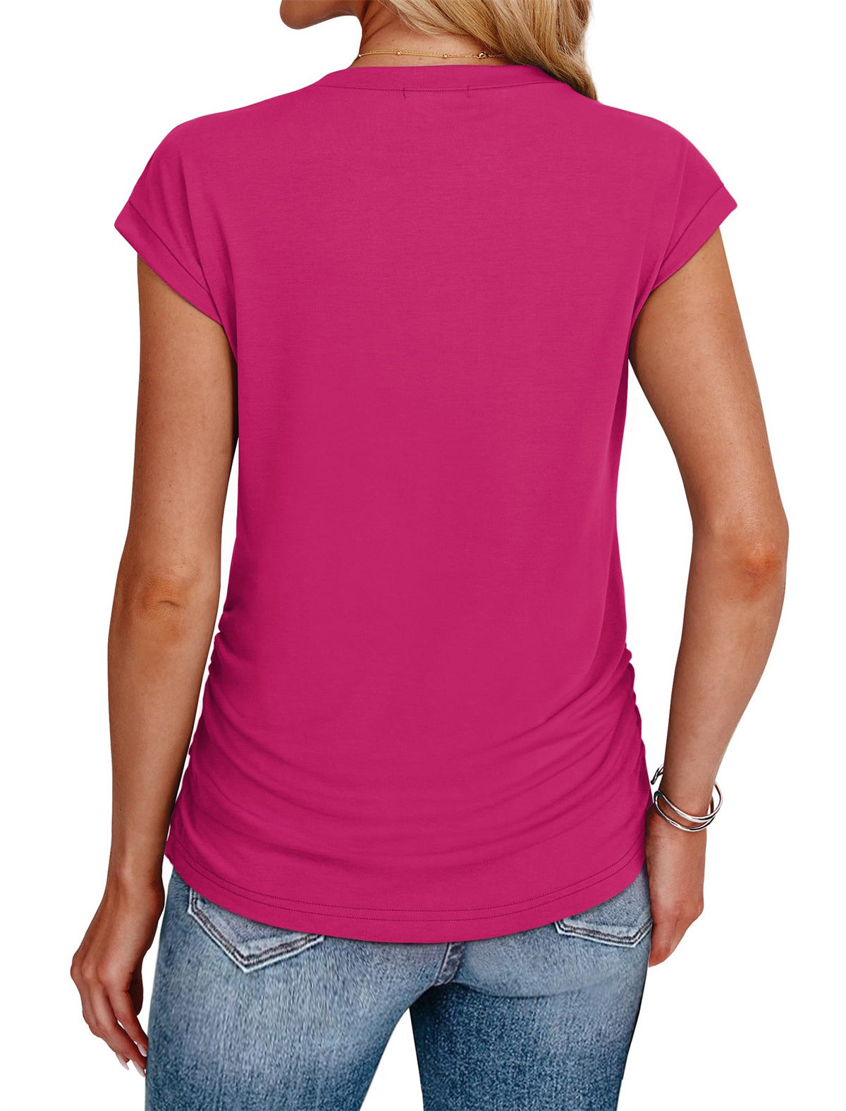 Camiseta informal de manga corta de algodón y seda de color liso para mujer