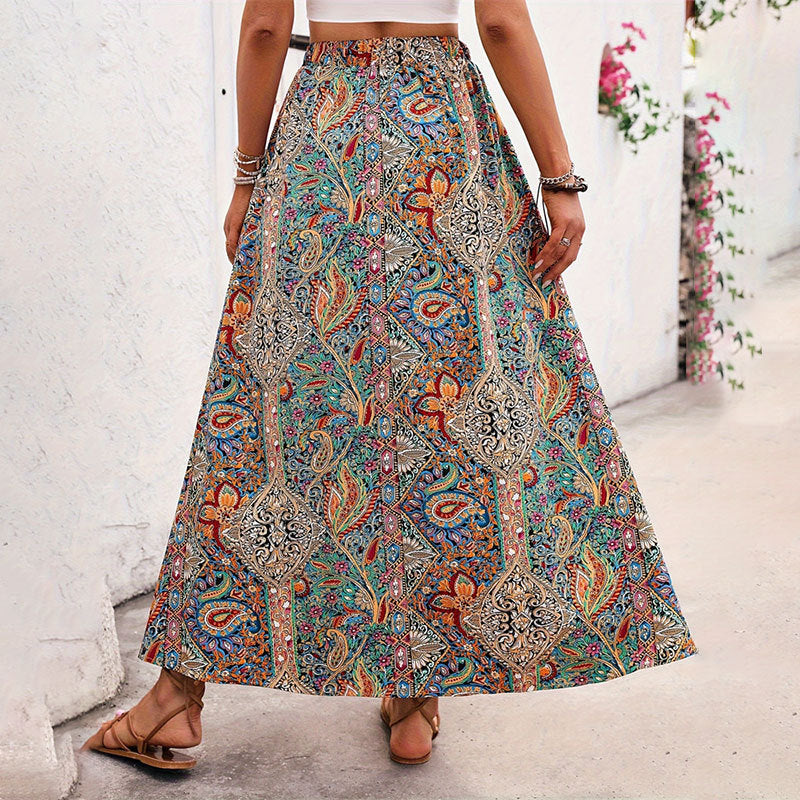 Women Fashion Boho Printed Split Loose Skirt