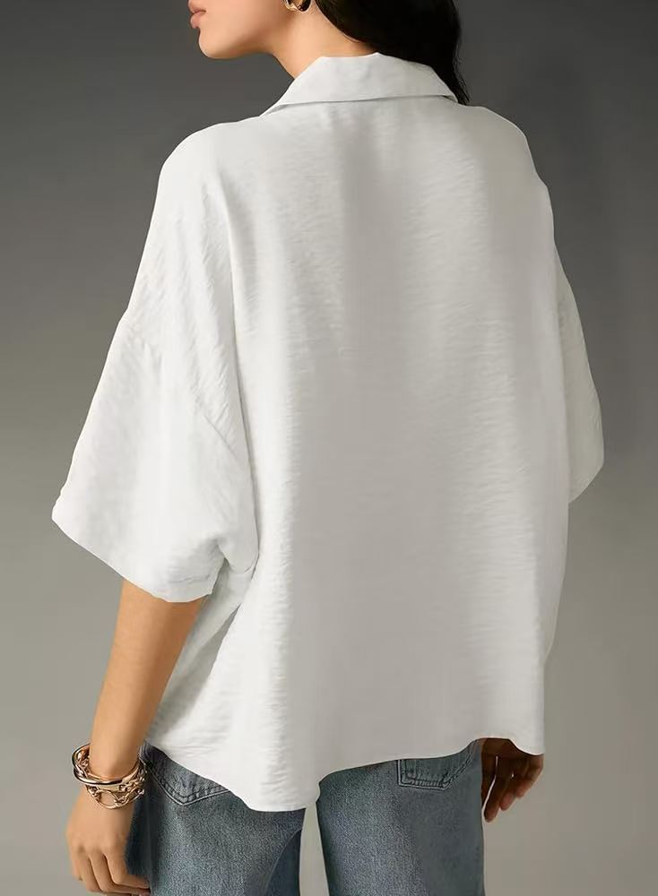 Blusa informal holgada de manga corta con solapa de color liso para mujer en poliéster