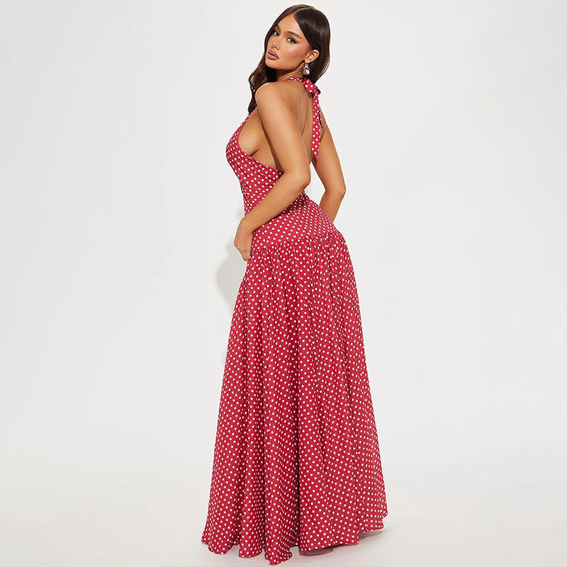 Women Fashion Sexy Polo Dot Printed V Neck Dress with Lace Up