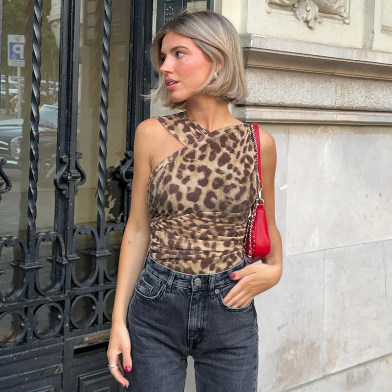 Body asimétrico de malla de leopardo sexy a la moda para mujer