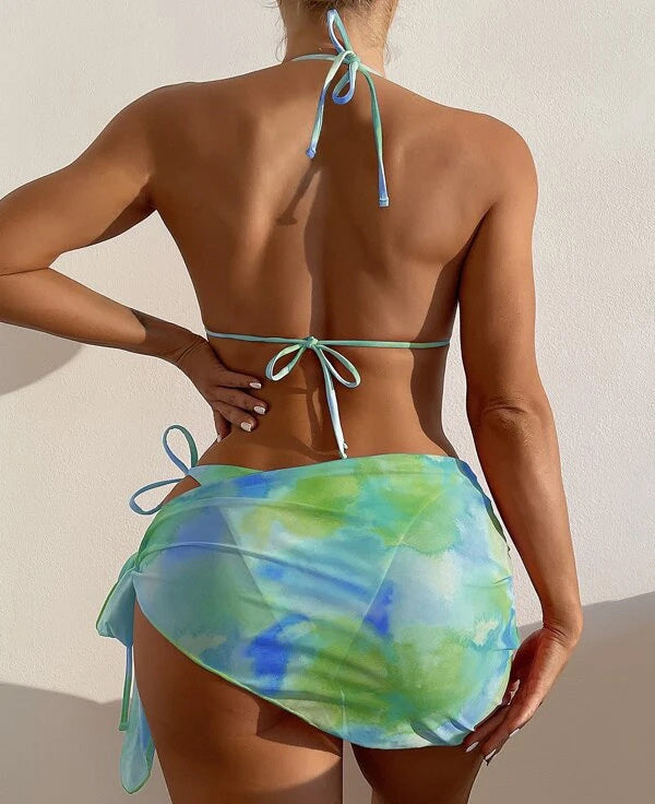 Bikini sexy de malla con efecto tie-dye y cuello halter para mujer