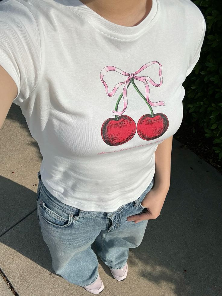 Camiseta informal de manga corta con cuello redondo y estampado de cerezas para mujer - Poliéster y elastano