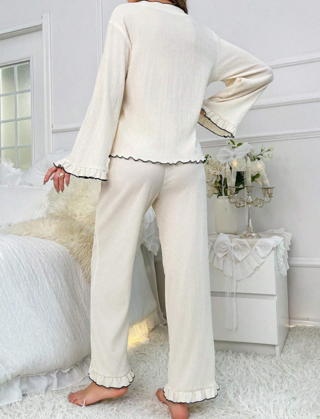 Conjunto de top informal de manga larga con cuello en V y pantalones holgados para mujer