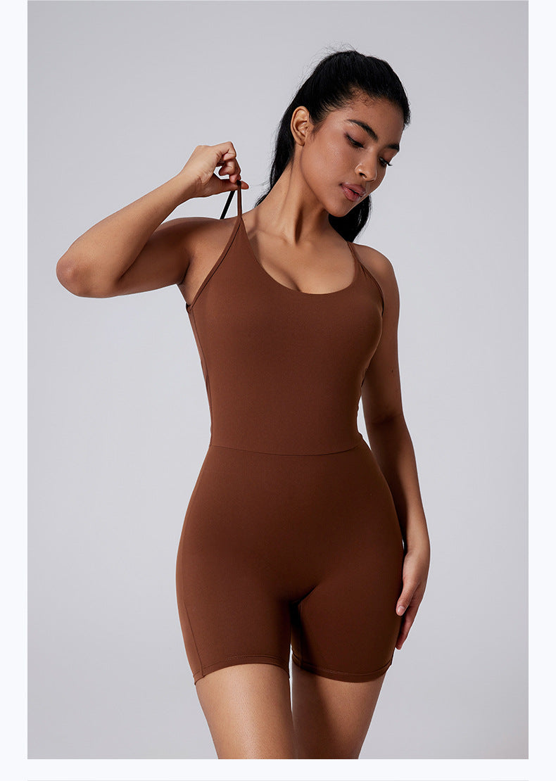 Women Solid Color Sleeveless Yoga Romper Nylon Slim-Fit Sports Jumpsuit