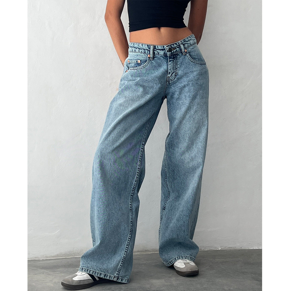 Vaqueros rectos de cintura baja de color liso retro casual para mujer