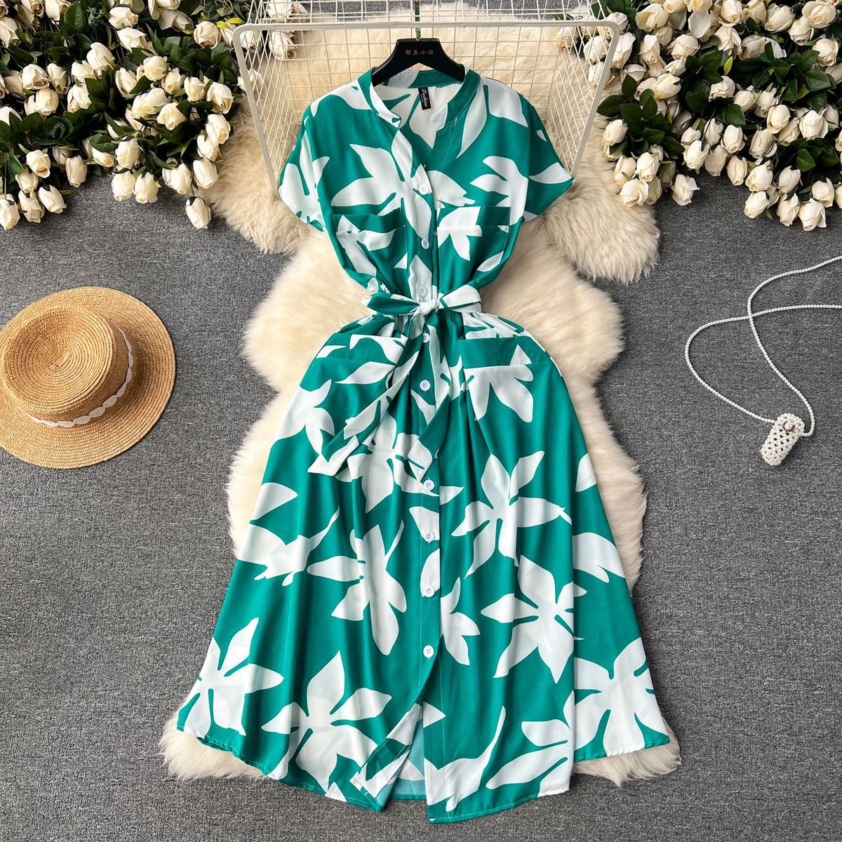 Women Fashion Casual Vacation Printed V-Neck Dress