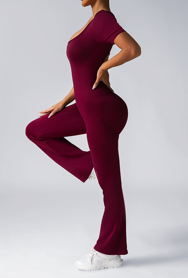Women Fashion Casual Solid Color Seamless Short-Sleeve Backless Yoga Jumpsuits