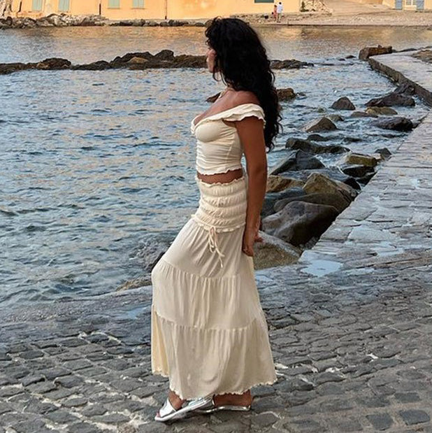 Women Elegant Solid Color V-Neck Sleeveless T-Shirt and Pleated Skirt Set