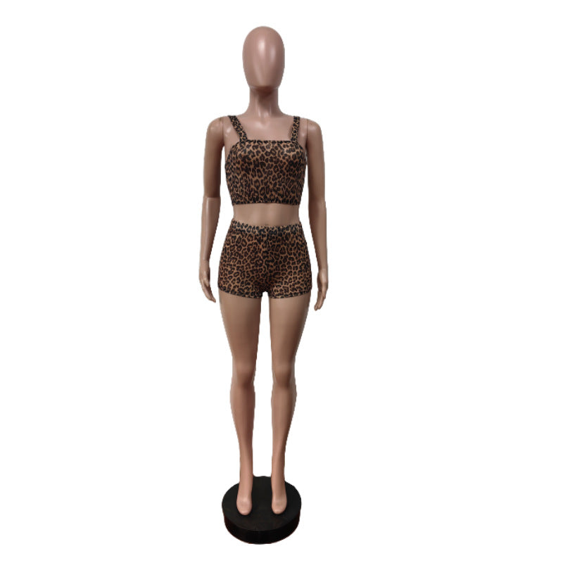 Women Fashion Sexy Leopard Mesh Tank Top Set