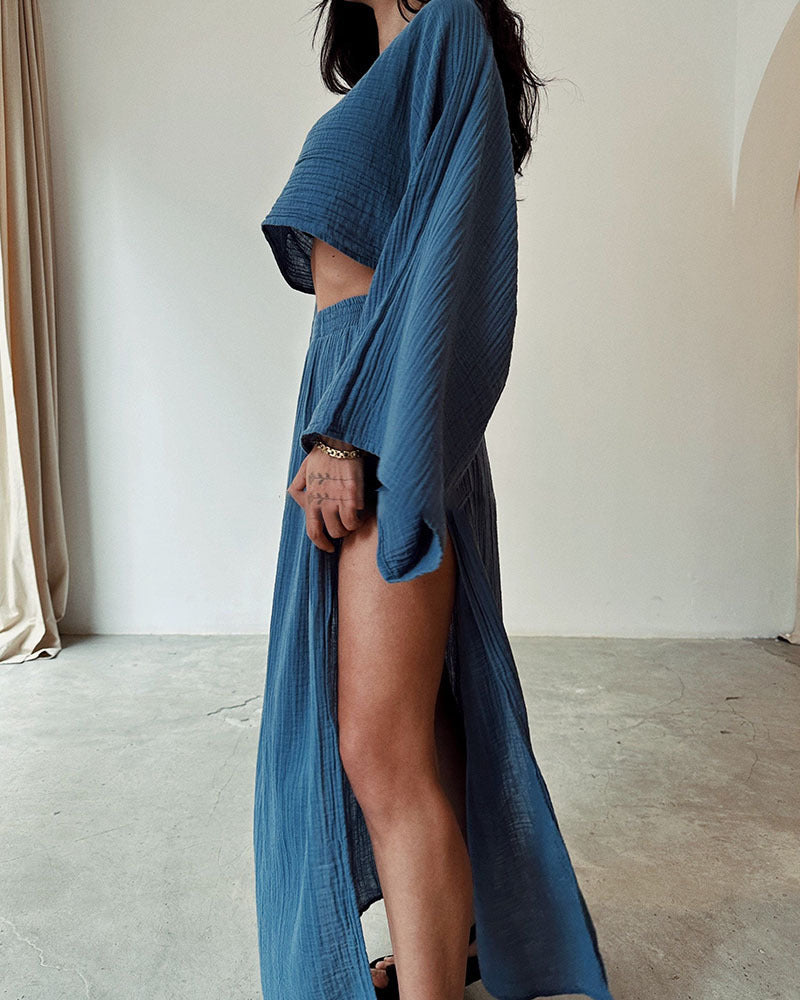 Women Casual Solid Cotton Linen Long Sleeve Crop Top and Skirt Set