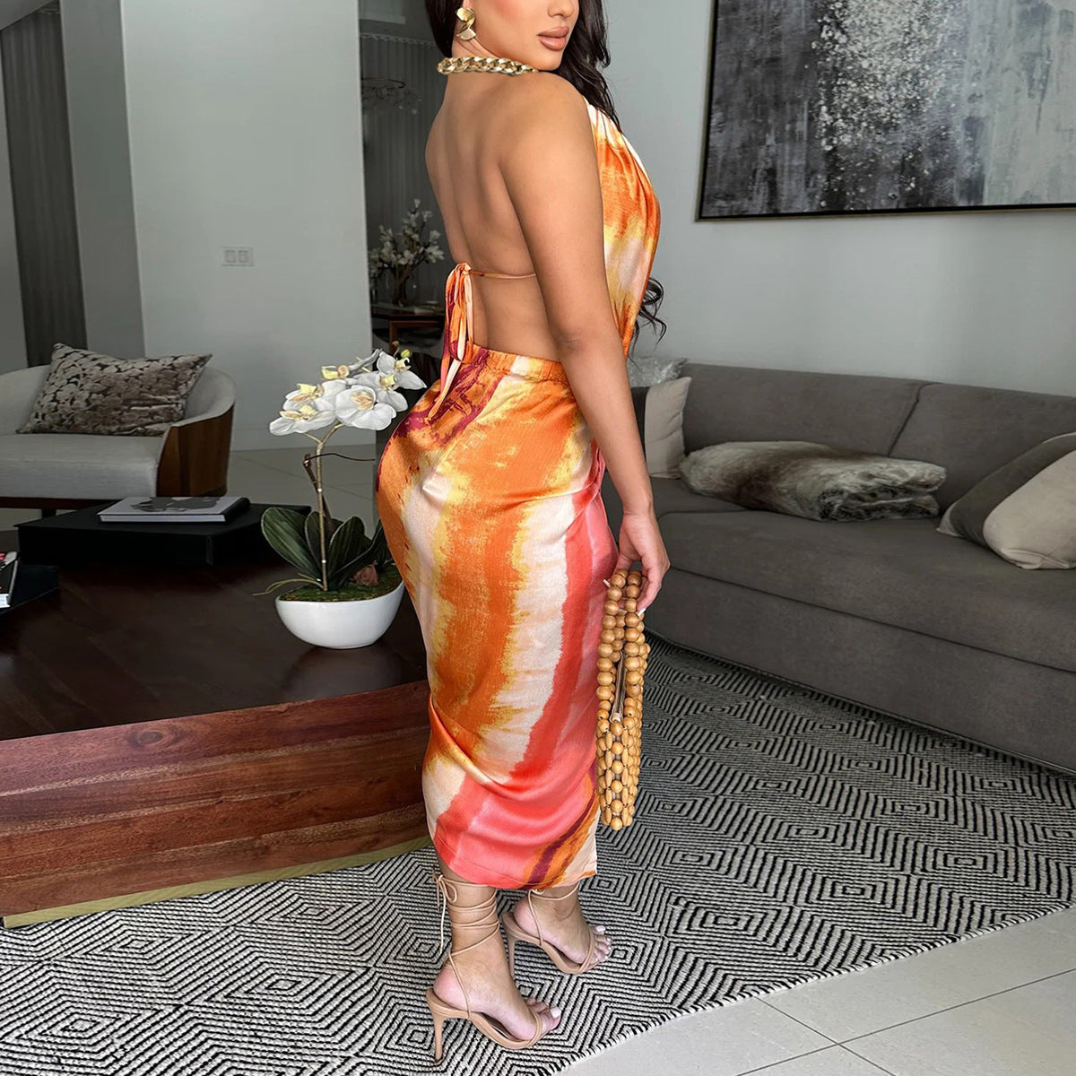 Robe sexy à col licou en satin de soie tie-dye irrégulière pour femme