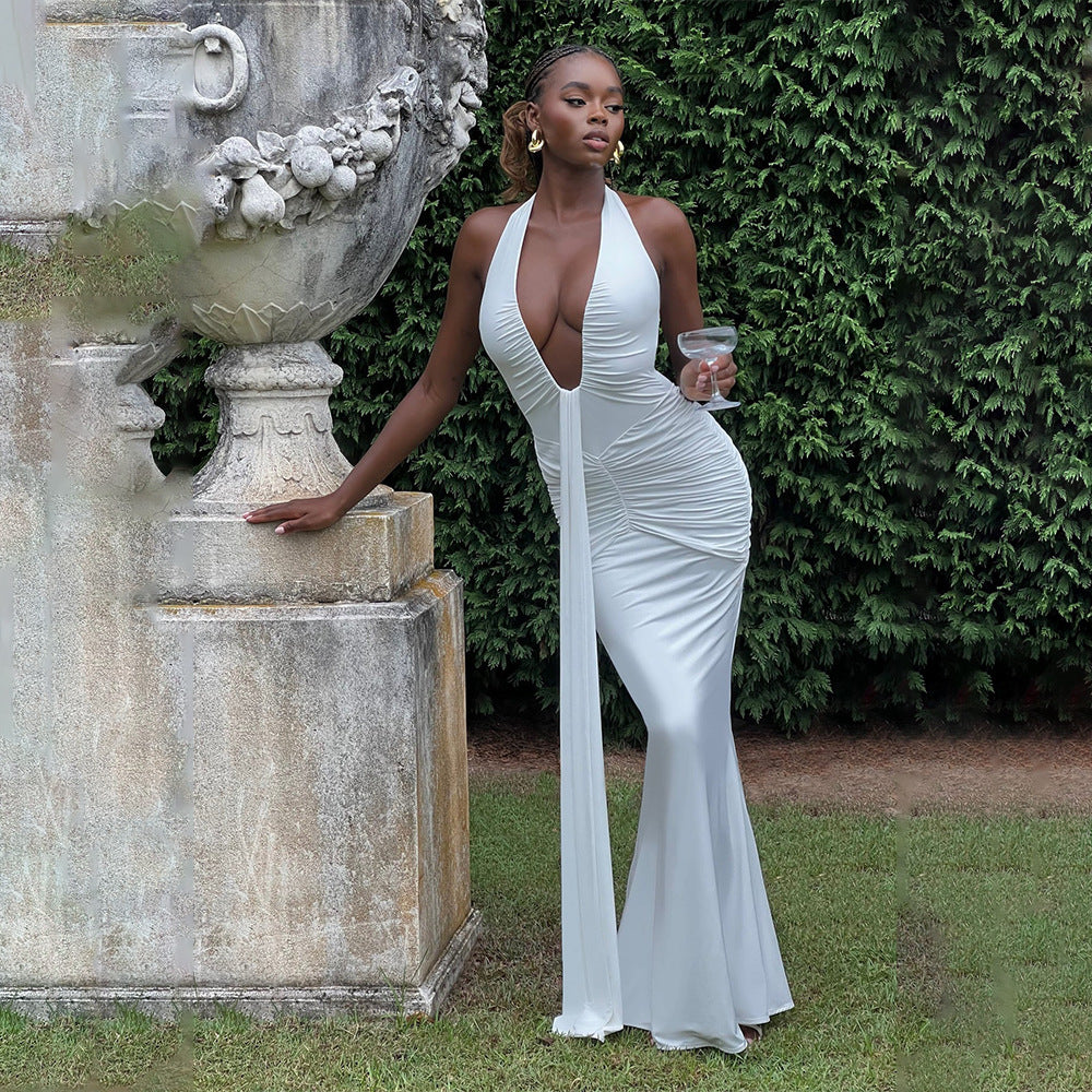 Robe sexy à col licou de couleur unie pour femme