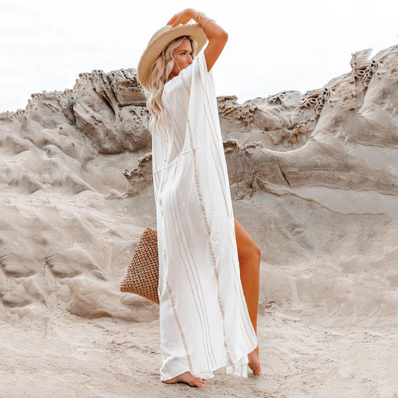Vestido playero de manga corta con rayas irregulares a la moda para mujer
