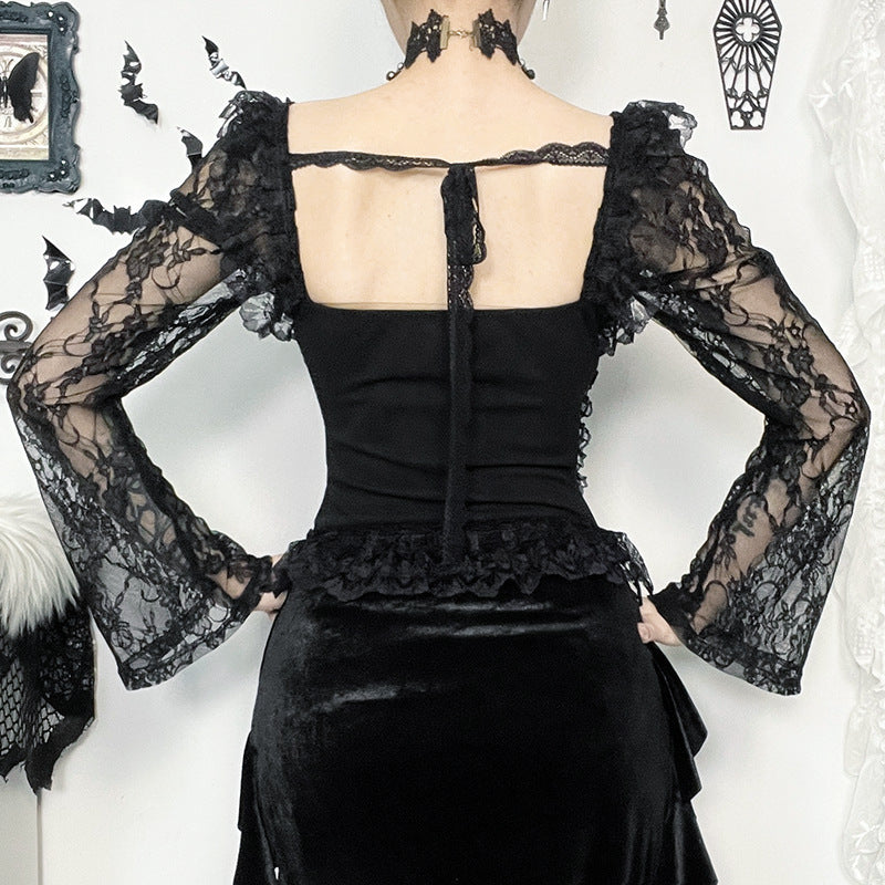 Elegant Gothic Lace Splicing Cross Collar T-Shirt