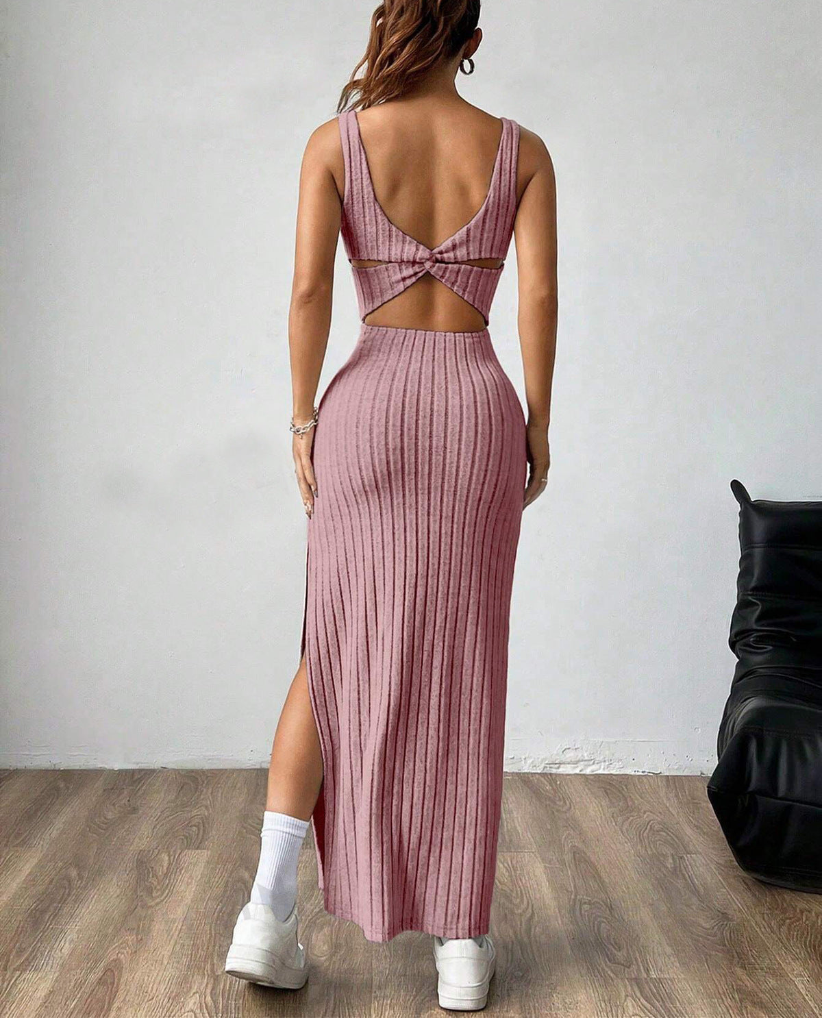 Vestido sexy de rayas verticales de color liso a la moda para mujer