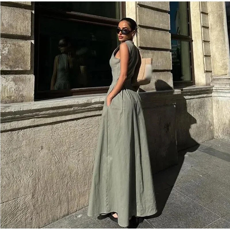 Vestido informal ajustado de cintura alta sin mangas para mujer