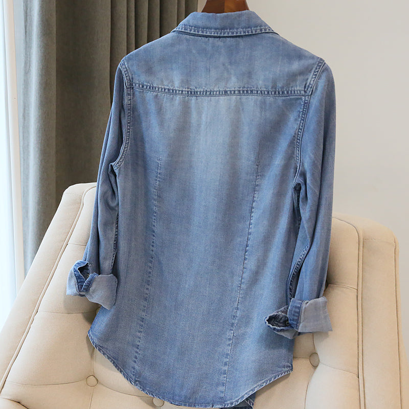 Women Fashion Casual Long-Sleeve Denim Coat with POLO Collar