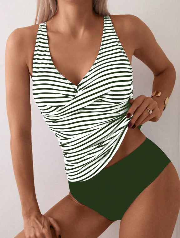 Maillot de bain tankini à rayures et col en V pour femme
