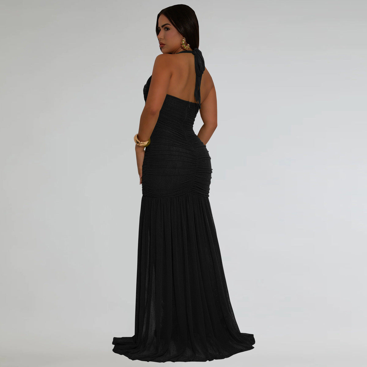 Robe élégante à dos nu plissée en maille de couleur unie pour femme