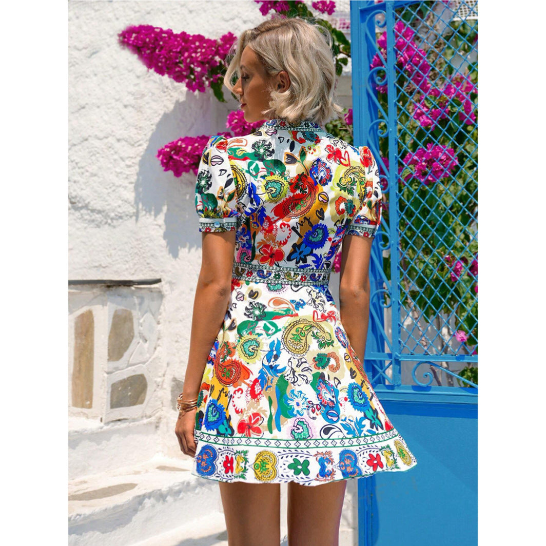 Robe décontractée à col en V et imprimé vacances pour femme