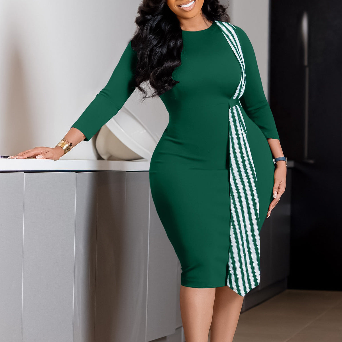 Women Fashion Elegant Plus Size Stitching Long-Sleeve Dress