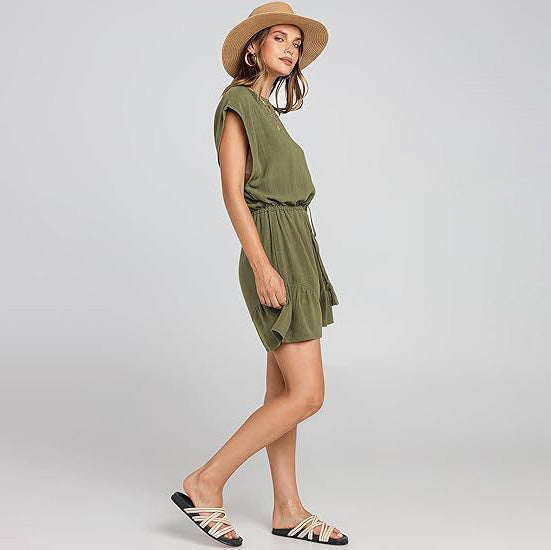 Combinaison décontractée en coton et lin pour femme, couleur unie