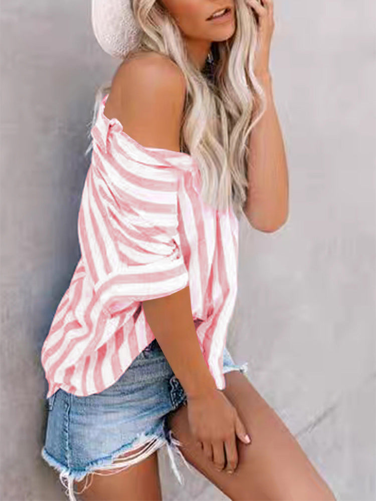 Blusa informal de manga corta con estampado de rayas y solapa para mujer