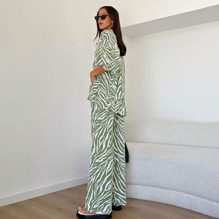 Women Casual Satin Stripe Blouse and High Waist Pants Set