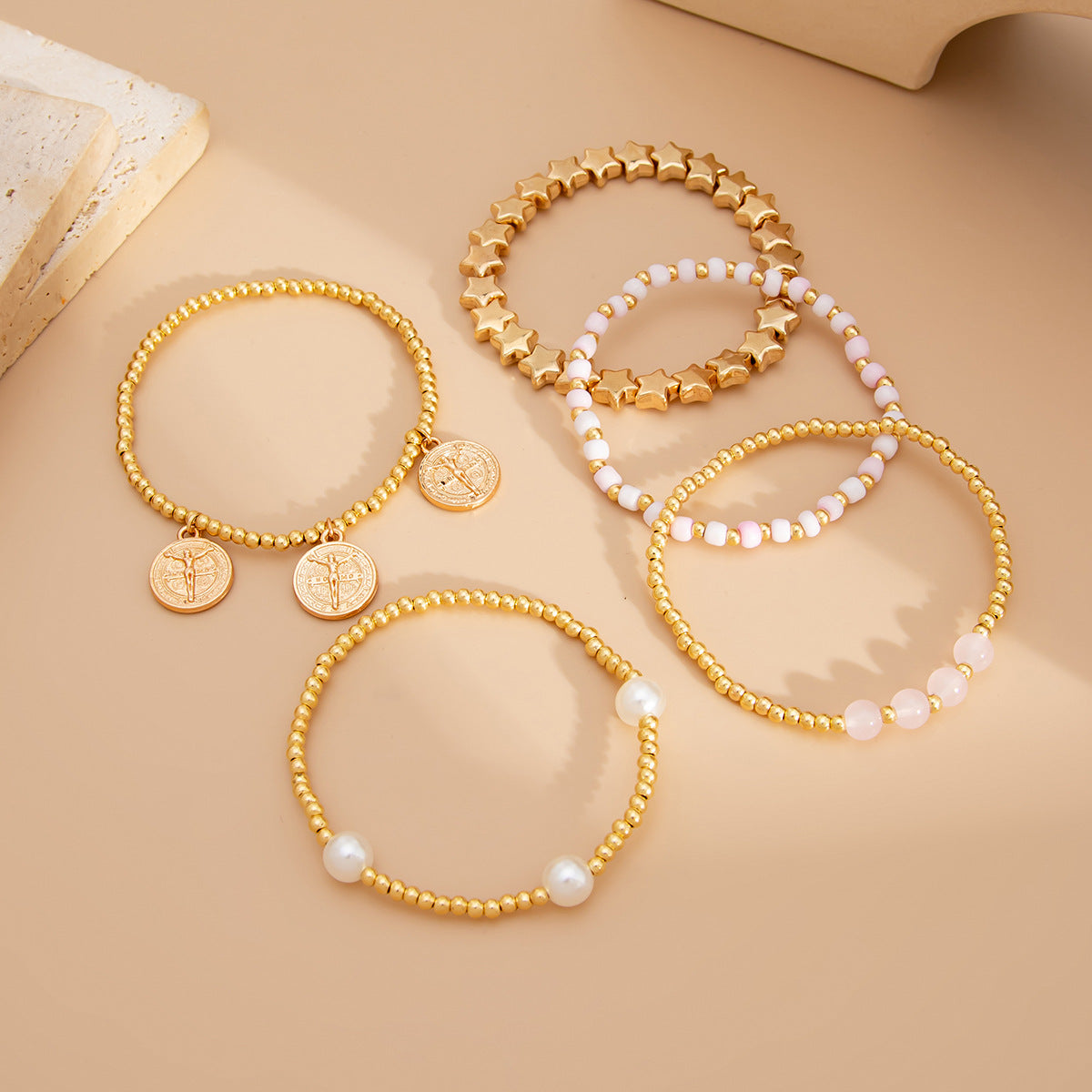 Women Fashion Beaded Star Pearl Multilayer Bracelet with Tassel
