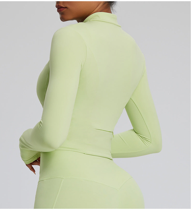 Top de yoga de manga larga de color liso para mujer, con cremallera y tejido de secado rápido
