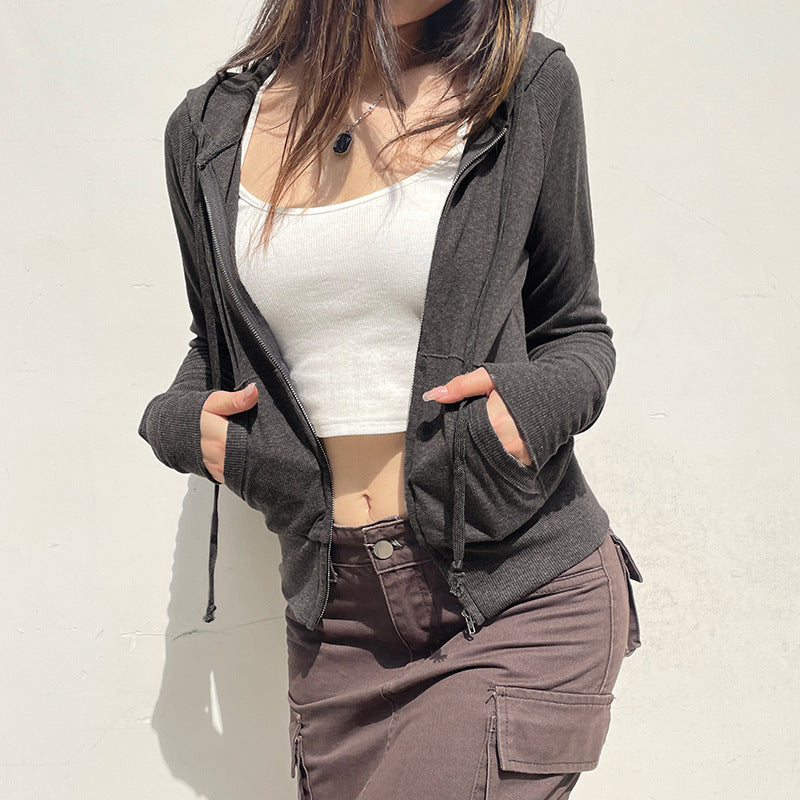 Women Casual Solid Color Long Sleeve Rib Drawstring Jacket