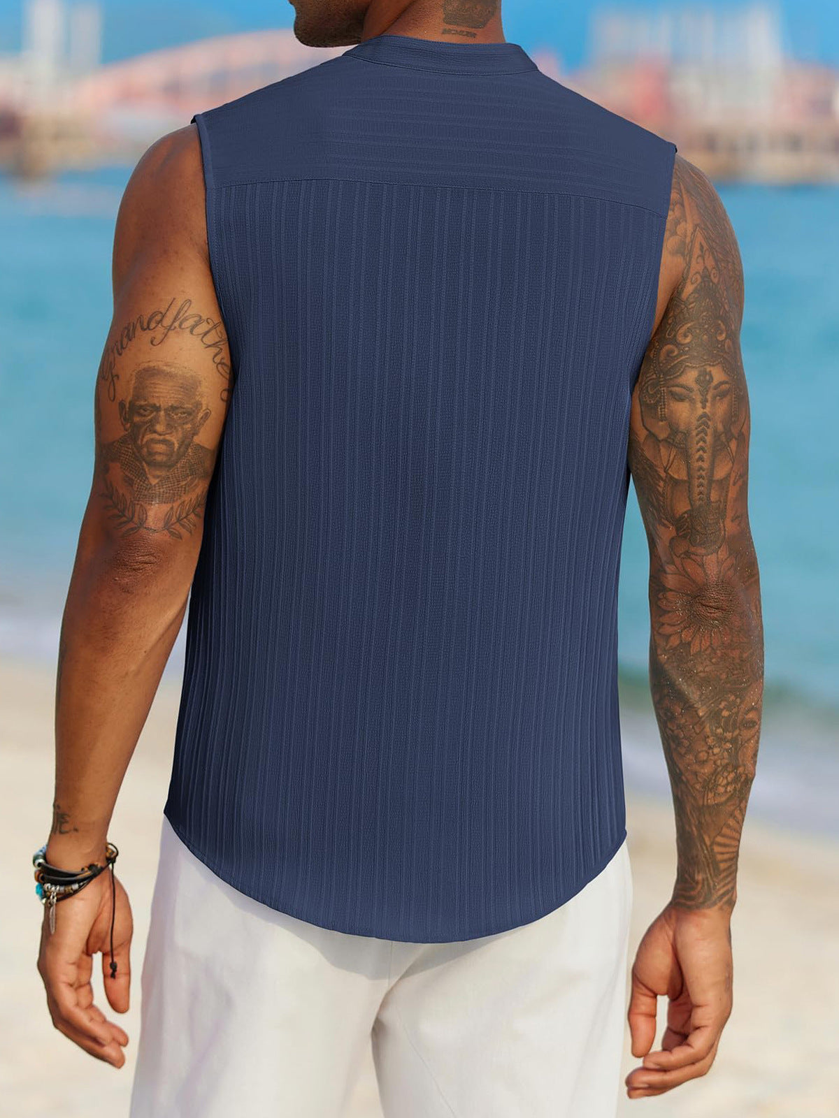 Men's Casual Sleeveless Button-Up Shirt in Solid Colors