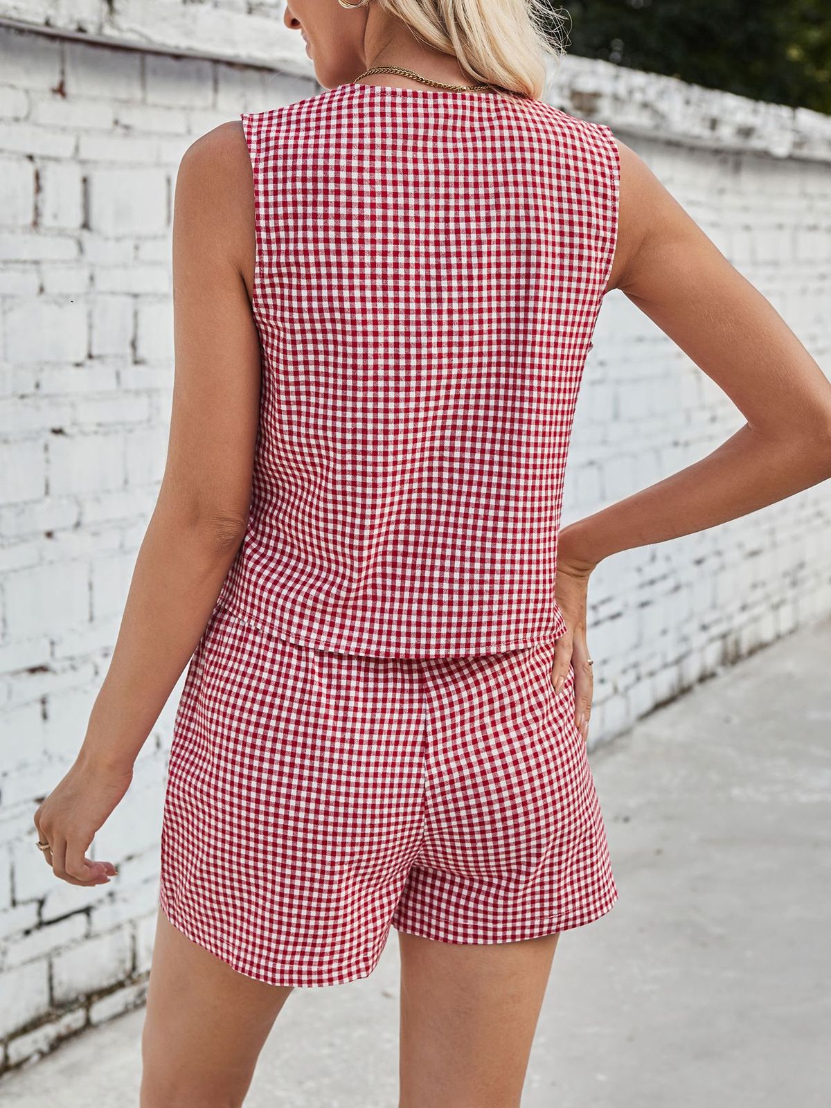 Ensemble débardeur décontracté à lacets et carreaux pour femme