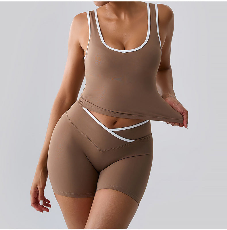 Ensemble deux pièces décontracté pour femme, débardeur contrasté et short taille haute - Yoga dos nu