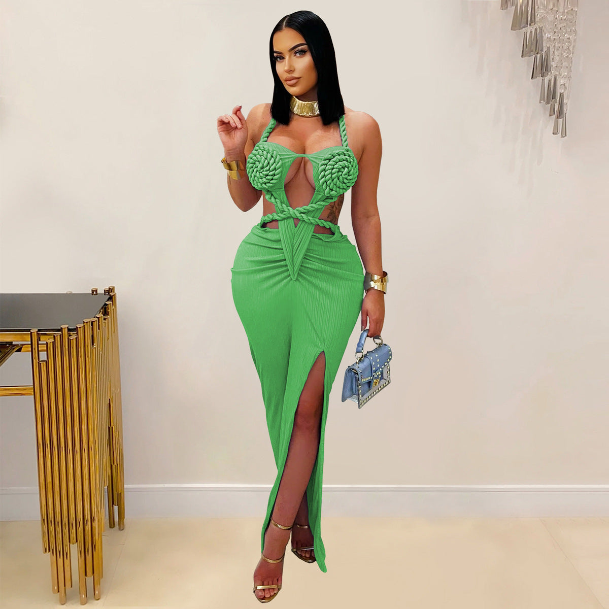 Robe dos nu sexy à col licou ajouré de couleur unie pour femme