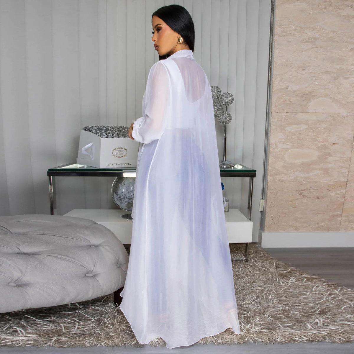 Manteau à manches longues en mousseline de soie unie pour femme