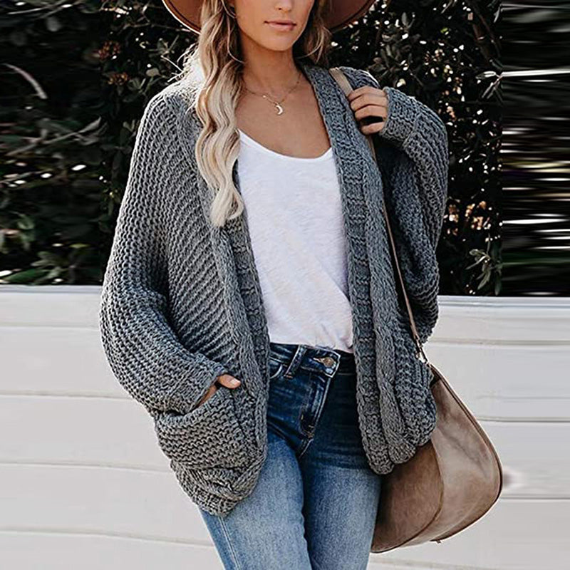 Women Thick Knitted Cardigan Coat with V-Neck