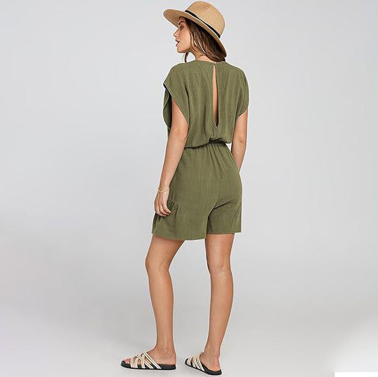 Combinaison décontractée en coton et lin pour femme, couleur unie