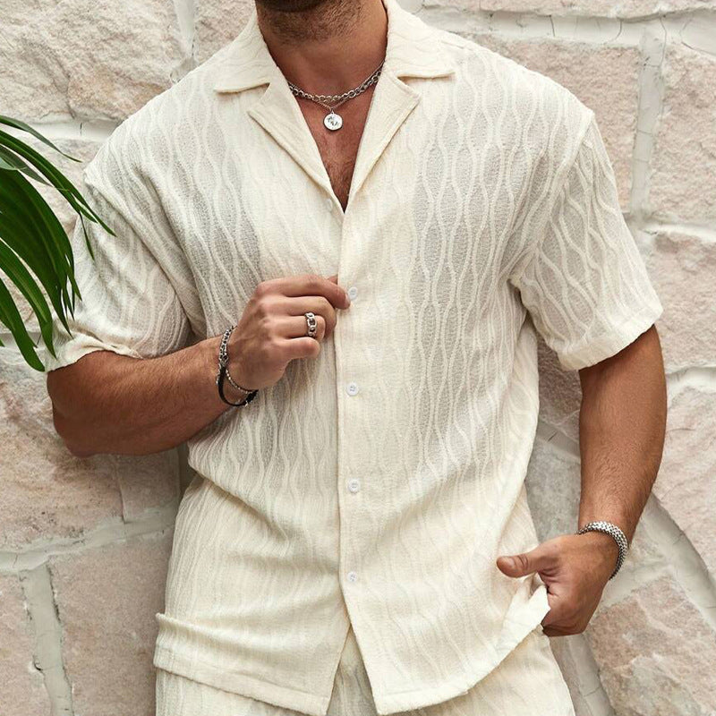 Conjunto de camisa y pantalones cortos de manga corta con solapa y estilo vacacional para hombre