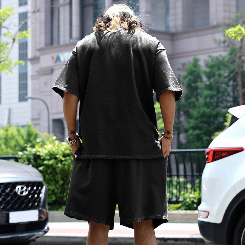 Men's Casual Solid Color Cotton Blend T-Shirt and Shorts Set